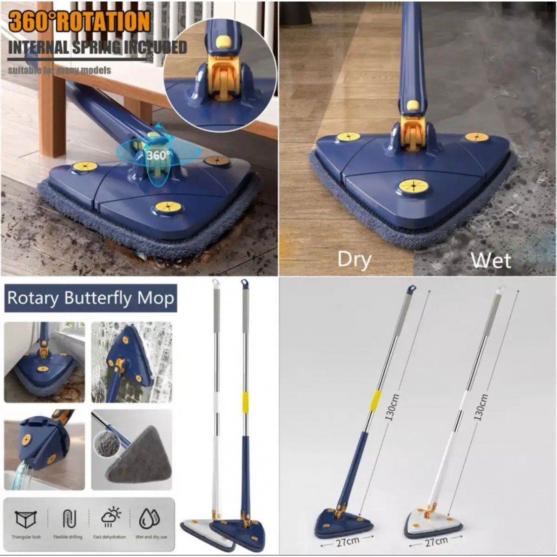 Triangle Mop 360° Rotatable Squeeze Mop Free Hands Floor Cleaning Wet&Dry Mop 130cm For Home Ceiling/Corner Windows Clean Tools