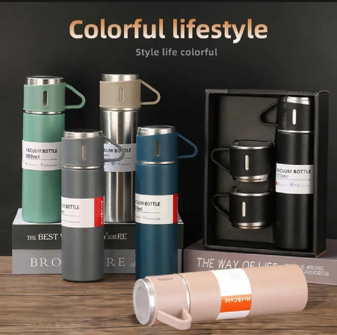 Water Bottle Vacuum Flask Set with Three Cups 500ml Stainless Steel