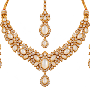Premium Gold Bridal Jewelry Set – Elegant Necklace, Earrings & Tikka with Sparkling Stones