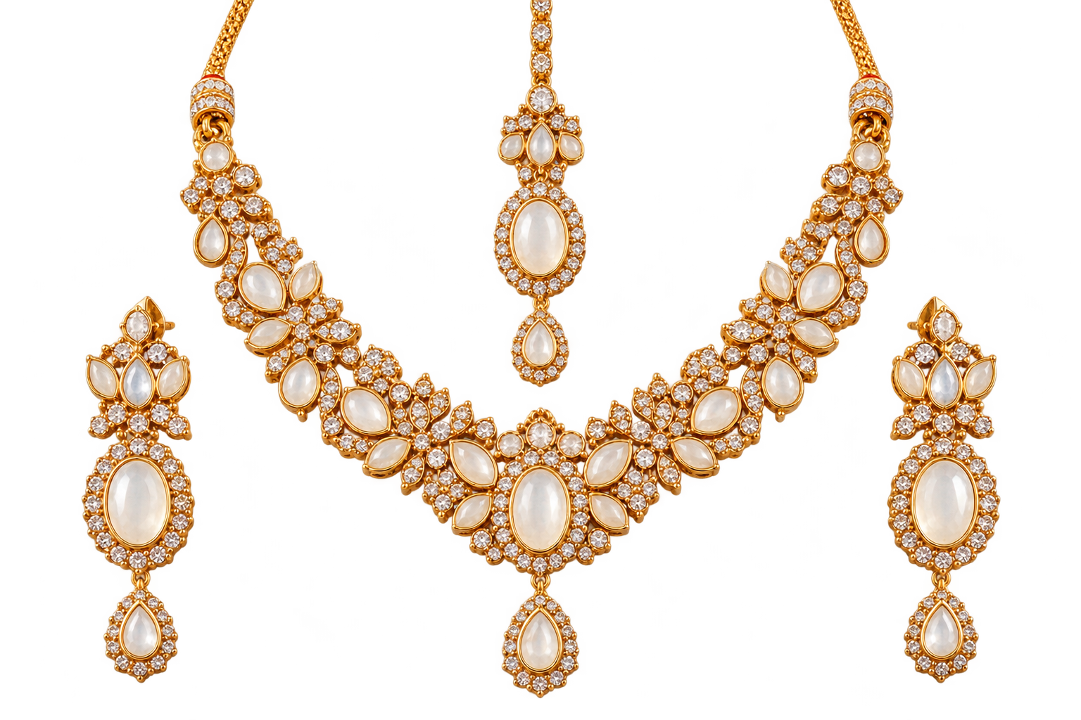Premium Gold Bridal Jewelry Set – Elegant Necklace, Earrings & Tikka with Sparkling Stones