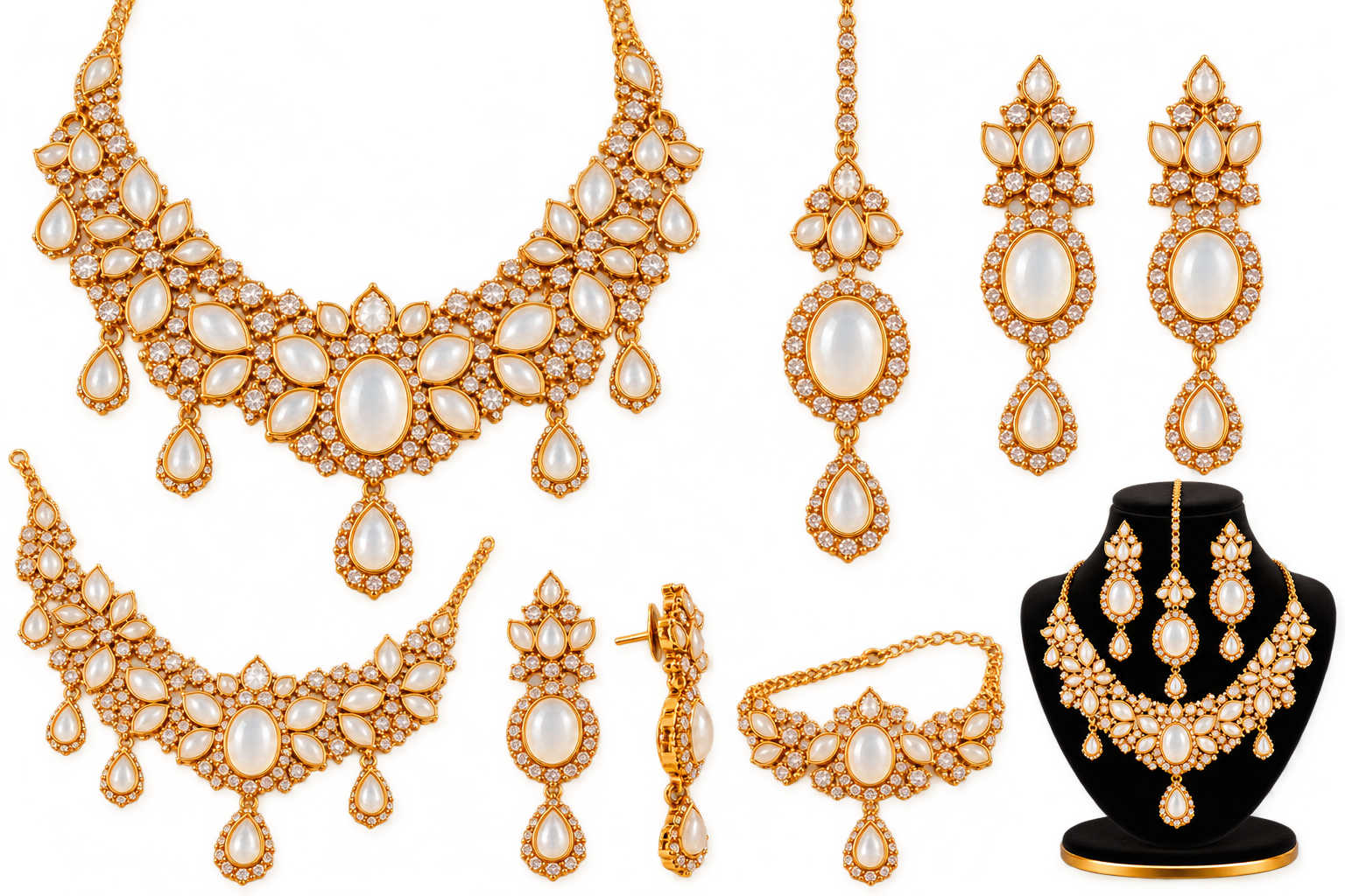Premium Gold Bridal Jewelry Set – Elegant Necklace, Earrings & Tikka with Sparkling Stones