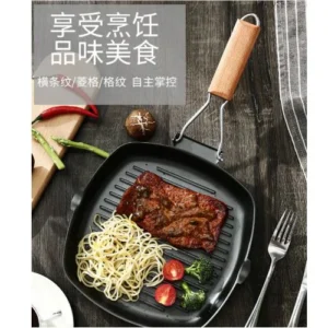 Non-Stick Square Grill Pan With Foldable Wooden Handle