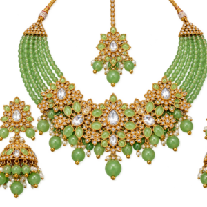 Premium Green Beaded Bridal Jewelry Set – Gold Plated Necklace, Jhumka Earrings & Tikka Set
